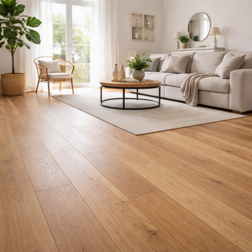 Realizacja Expert Bochnia – jasny salon z dębową podłogą montowaną w Bochni