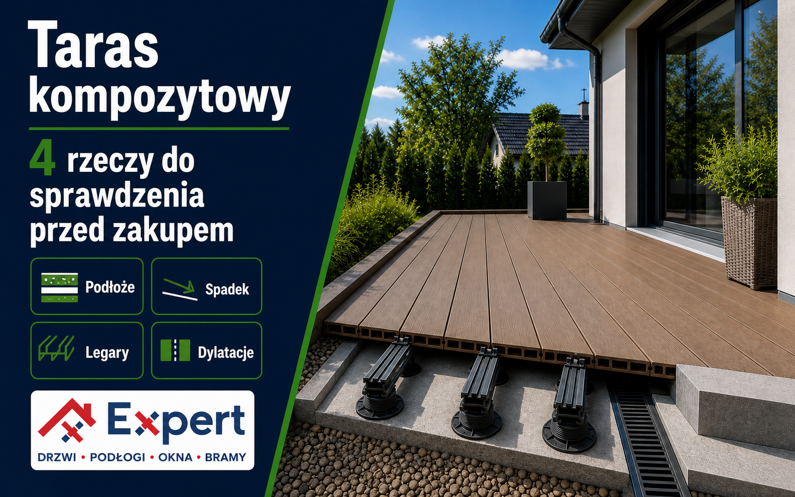 Taras kompozytowy - 4 rzeczy do sprawdzenia przed zakupem Miniatura poradnika o tarasie kompozytowym: podłoże, spadek, legary i dylatacje