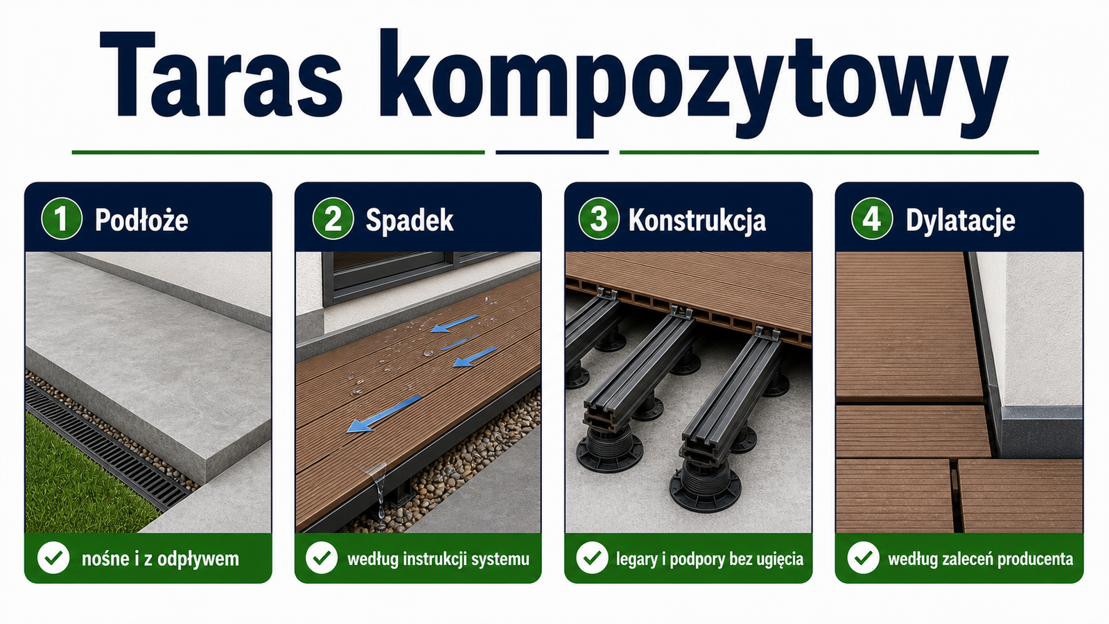 Taras kompozytowy - podłoże, spadek, legary i dylatacje Infografika pokazująca podłoże, spadek, legary i dylatacje tarasu kompozytowego