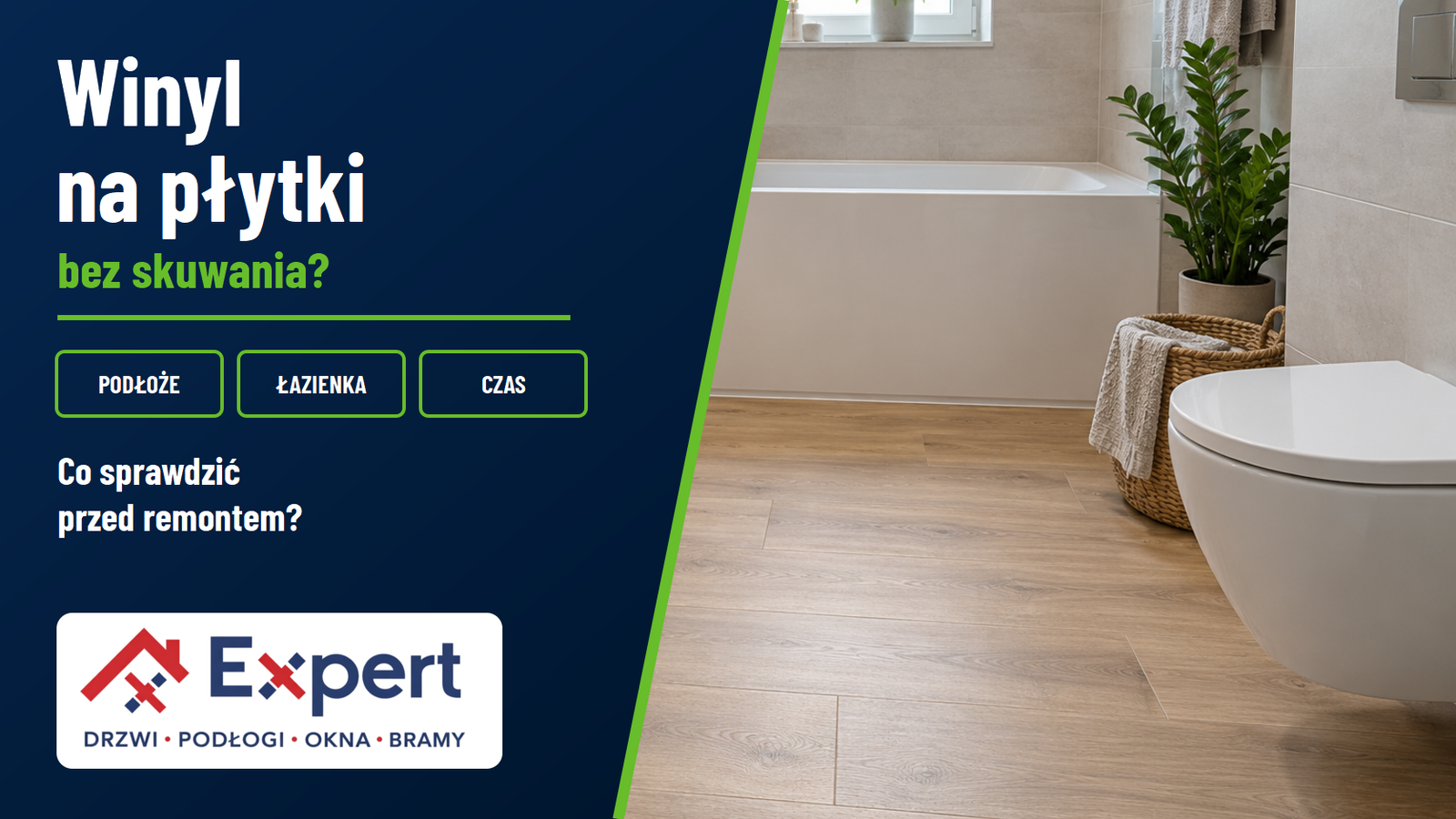 Granatowa miniatura poradnika o winylu na płytkach, z wizualizacją łazienki i oryginalnym logo Expert Bochnia