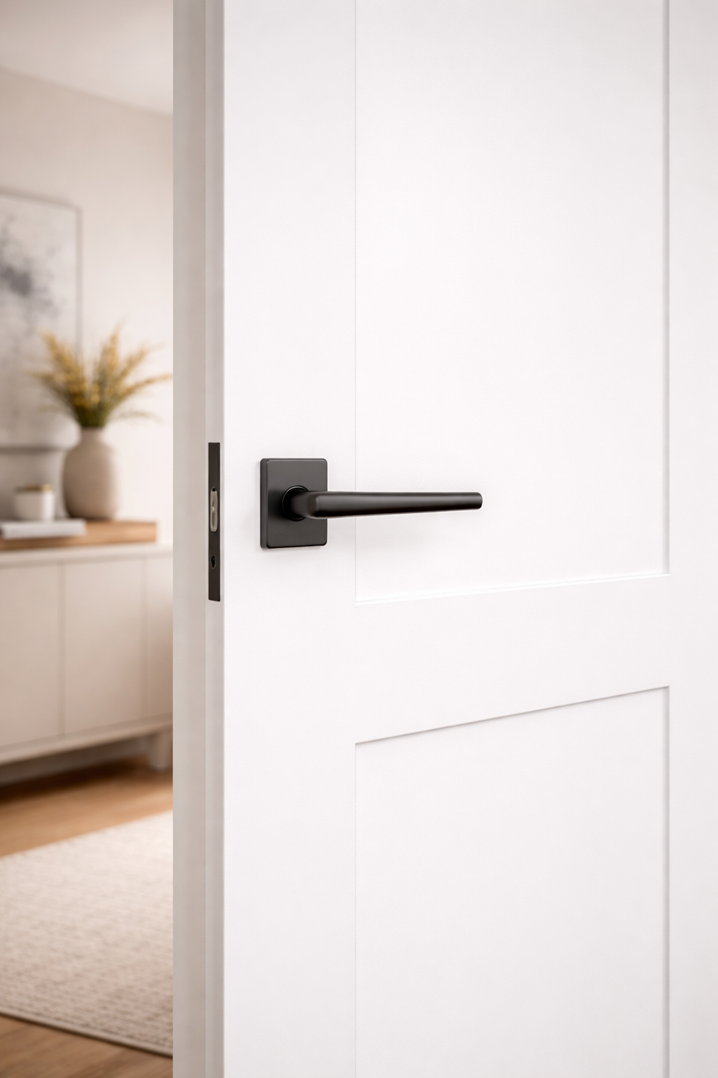 Białe drzwi MDF z płycinami